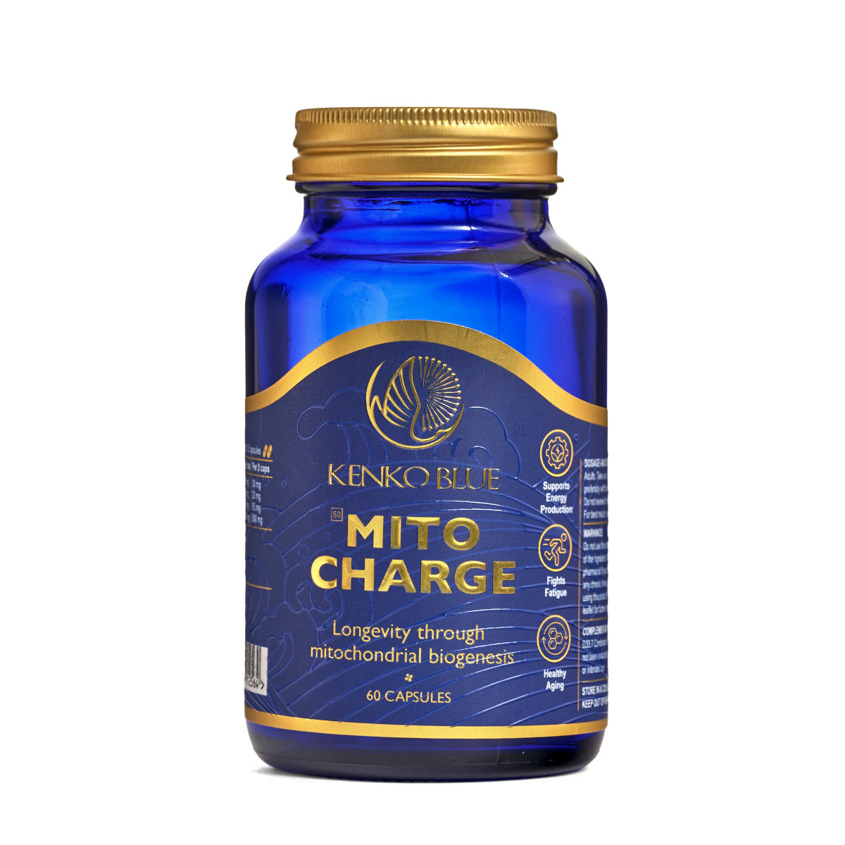 Blue supplement bottle with gold cap labeled 'Kenko Blue Mito Charge' on a white background