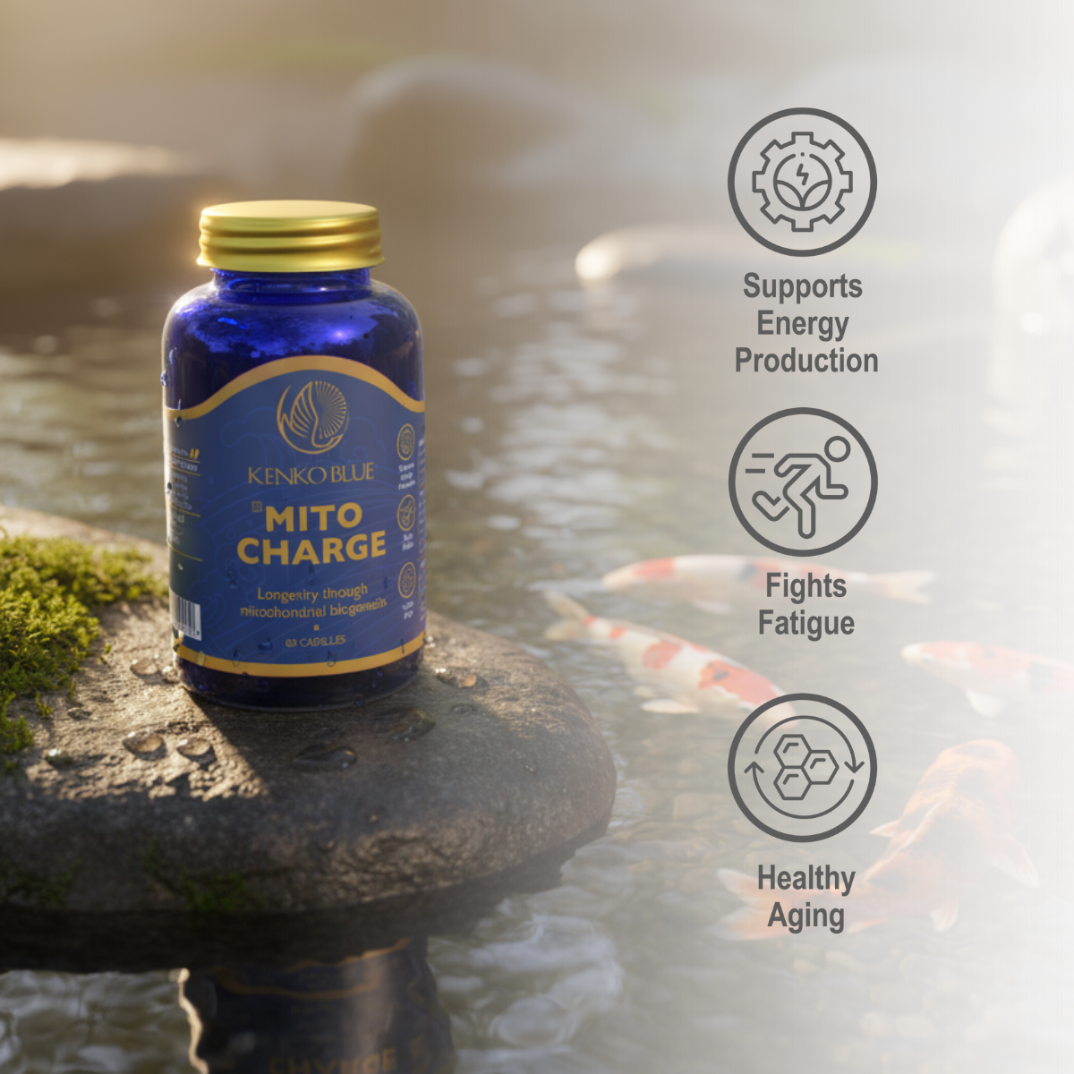 Kenko Blue supplement bottle labeled 'Mito Charge' on a stone by a water source with icons and text about its benefits.