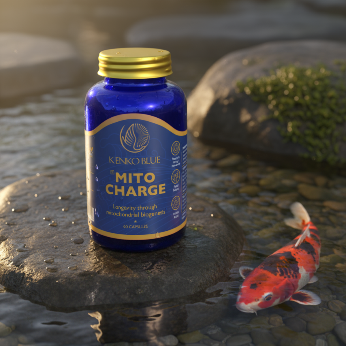 Blue bottle labeled 'Mito Charge' by Kenko Blue on a stone with a koi fish in the background.