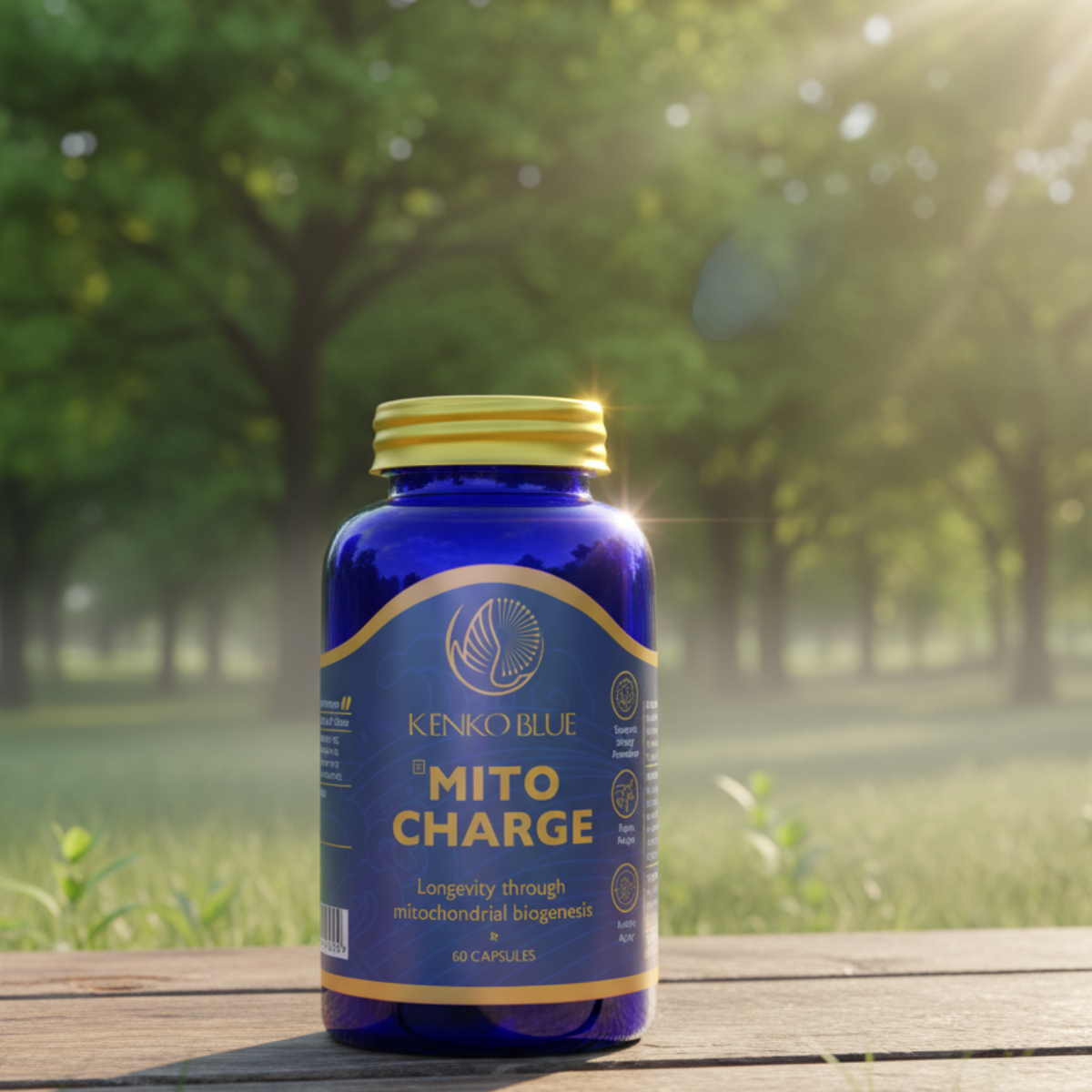 Blue bottle of Kenko Blue Mito Charge supplement on a wooden surface with a natural background