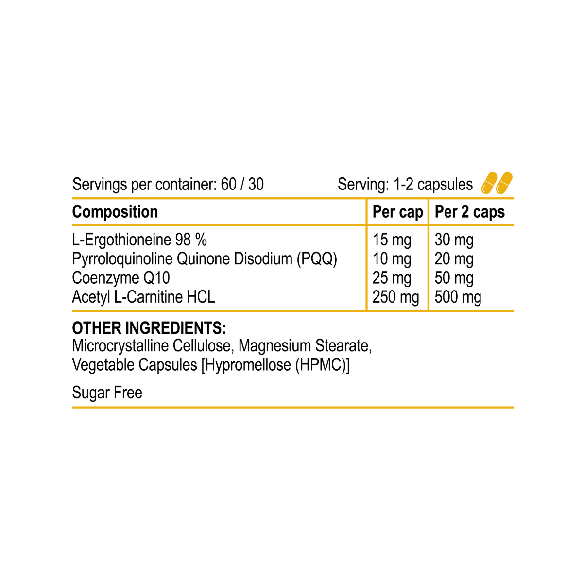 Nutritional supplement label with ingredient list and serving sizes on a white background