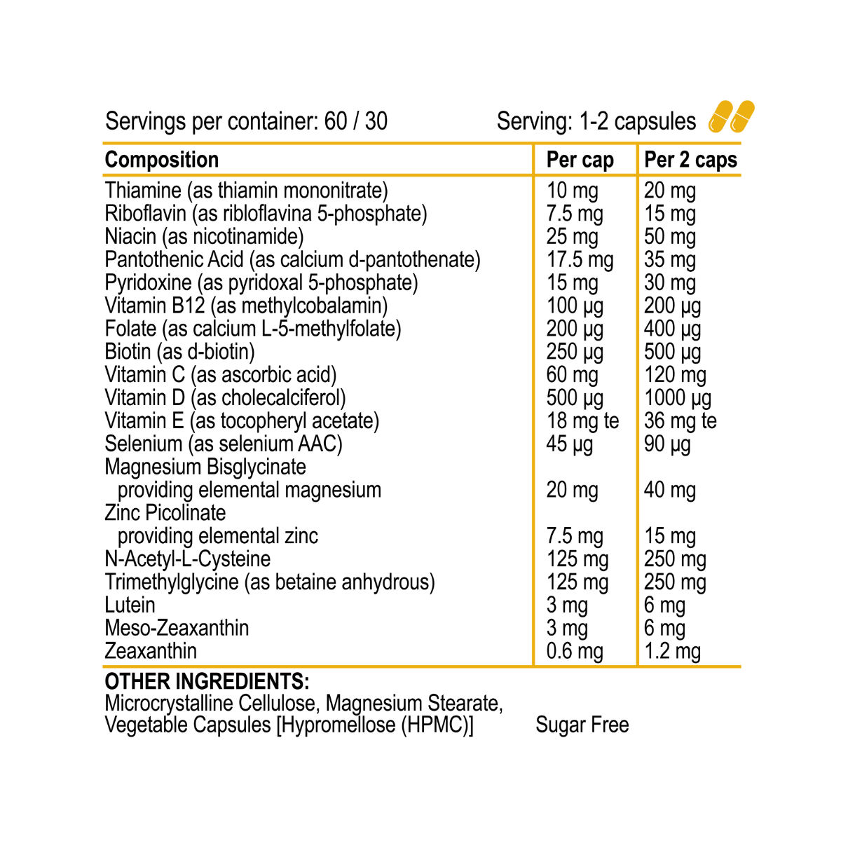 Nutritional supplement label with detailed ingredient list and serving sizes.