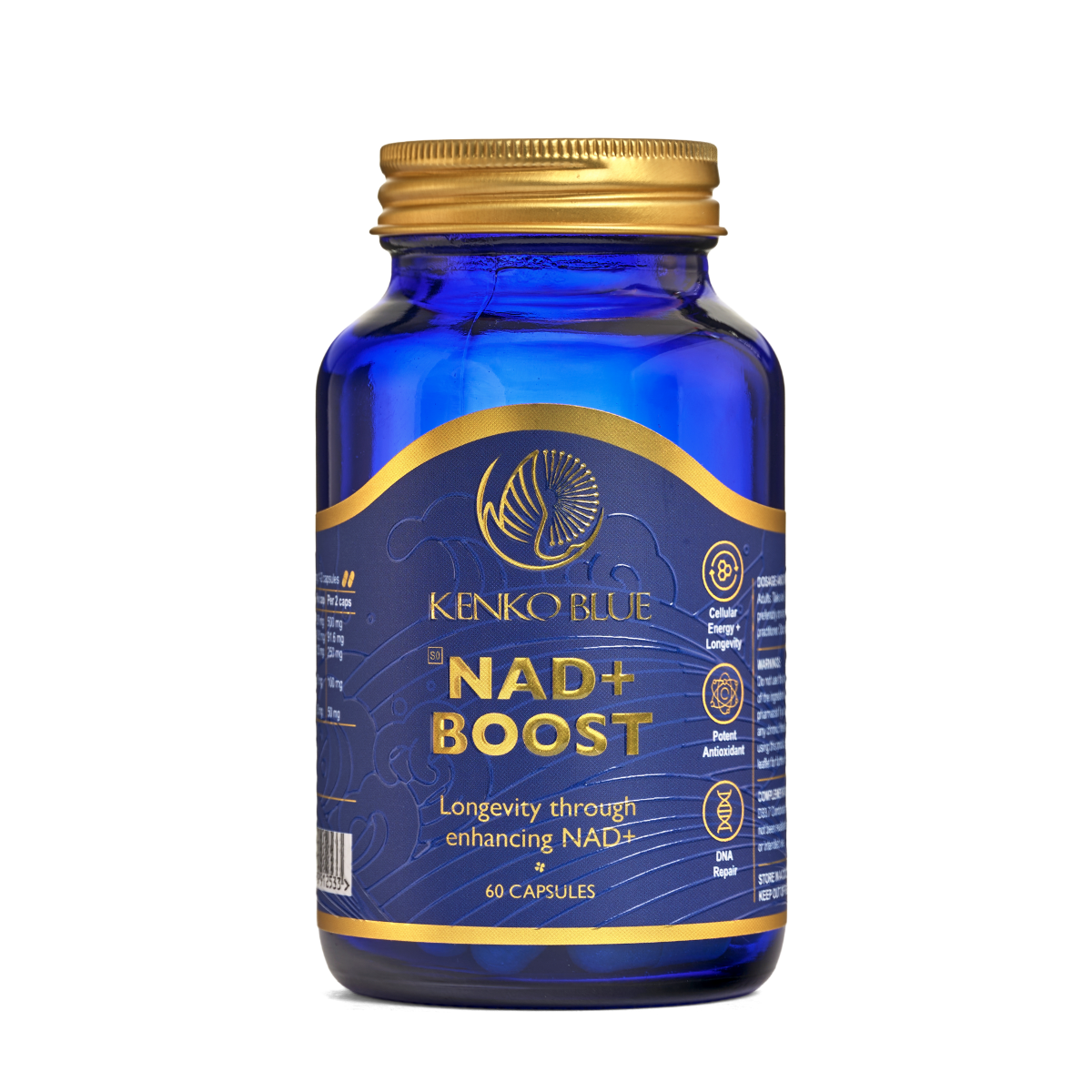 Blue supplement bottle with gold cap labeled 'Kenko Blue NAD+ Boost' on a white background