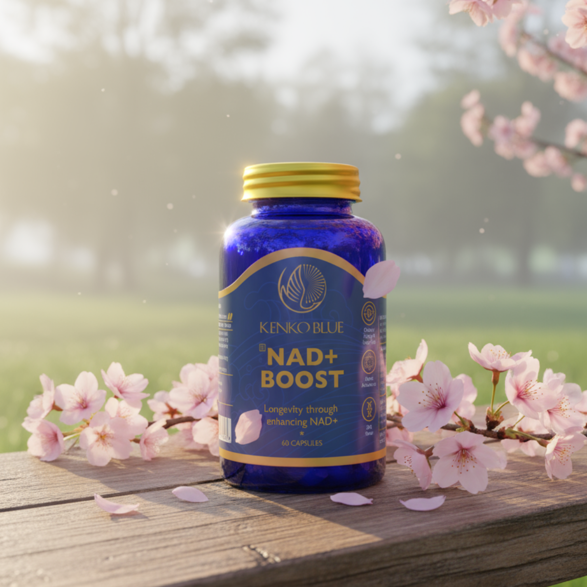 Blue supplement bottle labeled 'NAD+ Boost' by Kenko Blue on a wooden surface with cherry blossoms in the background.