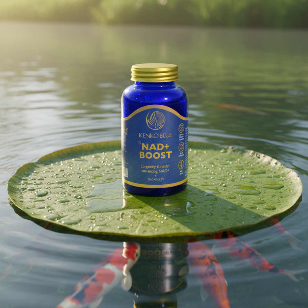 Blue supplement bottle labeled 'NAD+ Boost' on a lily pad over water