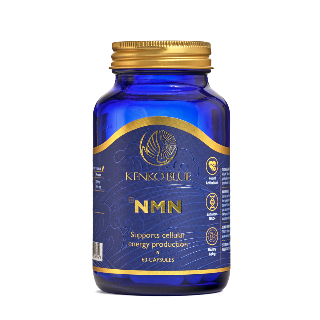 Blue supplement bottle with gold cap labeled 'Kenko Blue NMN' on a white background