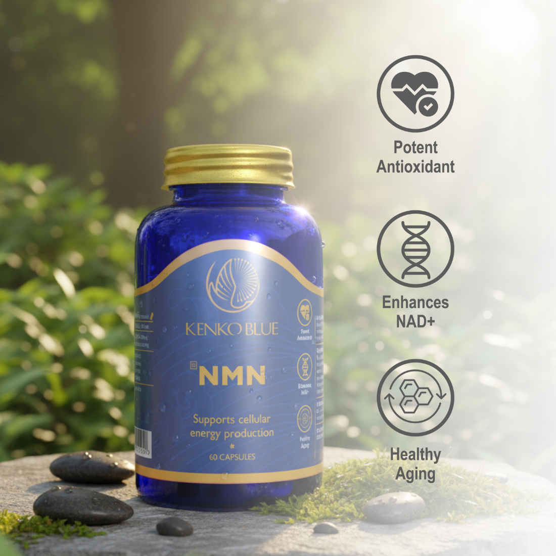 Blue supplement bottle with gold cap labeled 'Kenko Blue NMN' on a white background