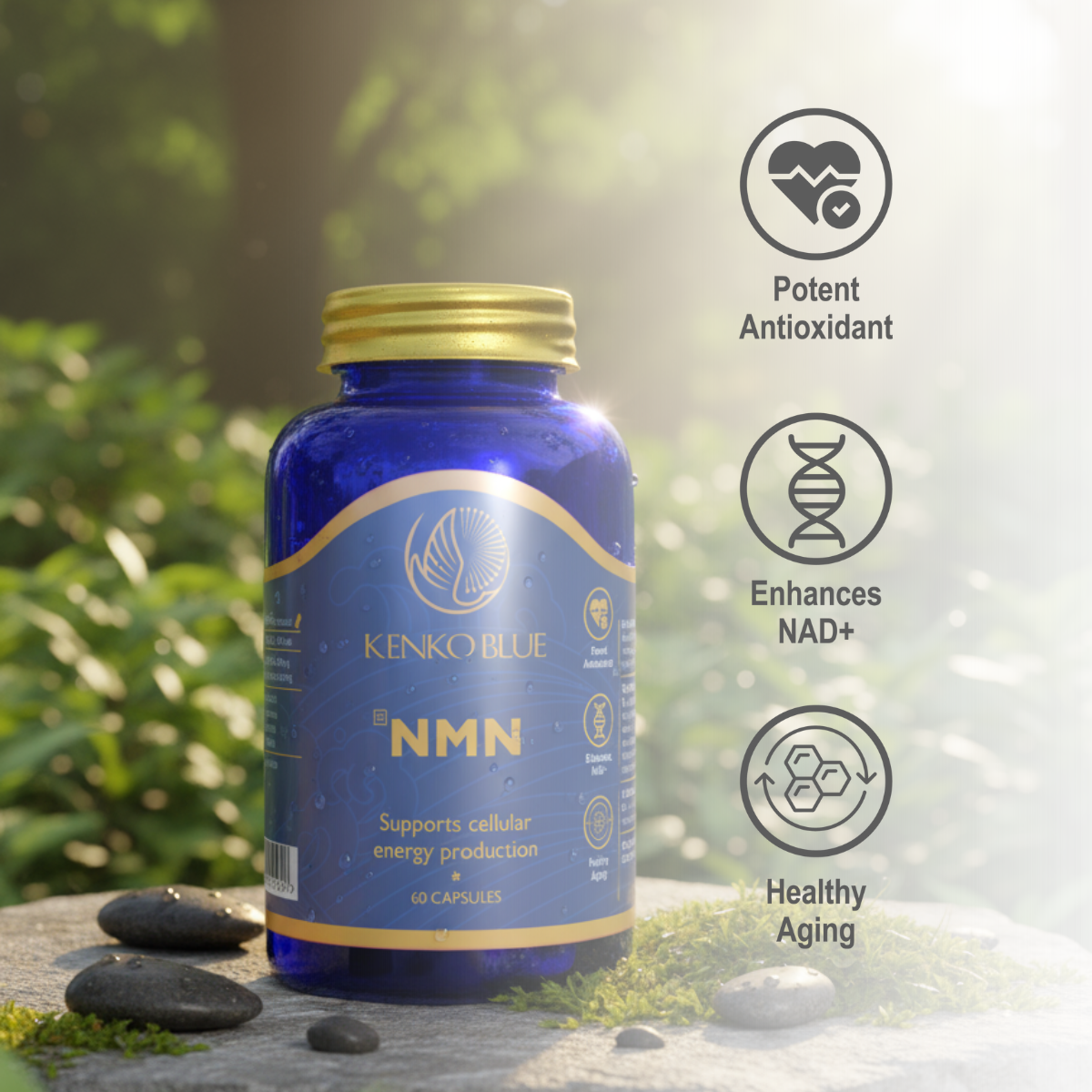 Blue supplement bottle labeled 'NMN' by Kenko Blue with nature background
