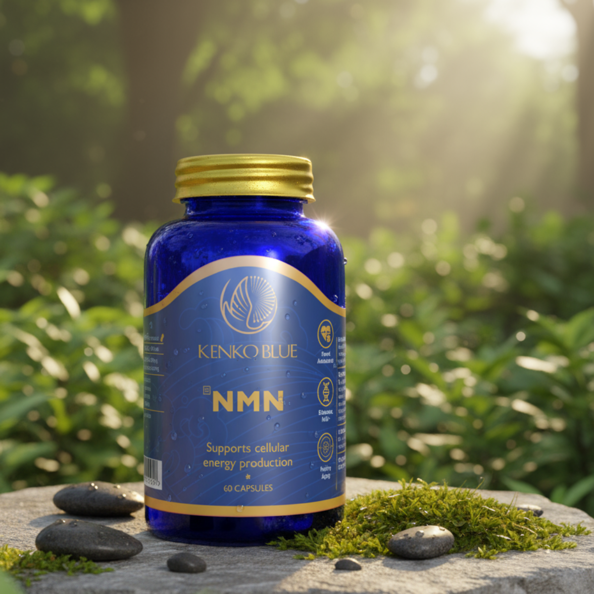 Blue supplement bottle labeled 'NMN' by Kenko Blue on a natural background with greenery.