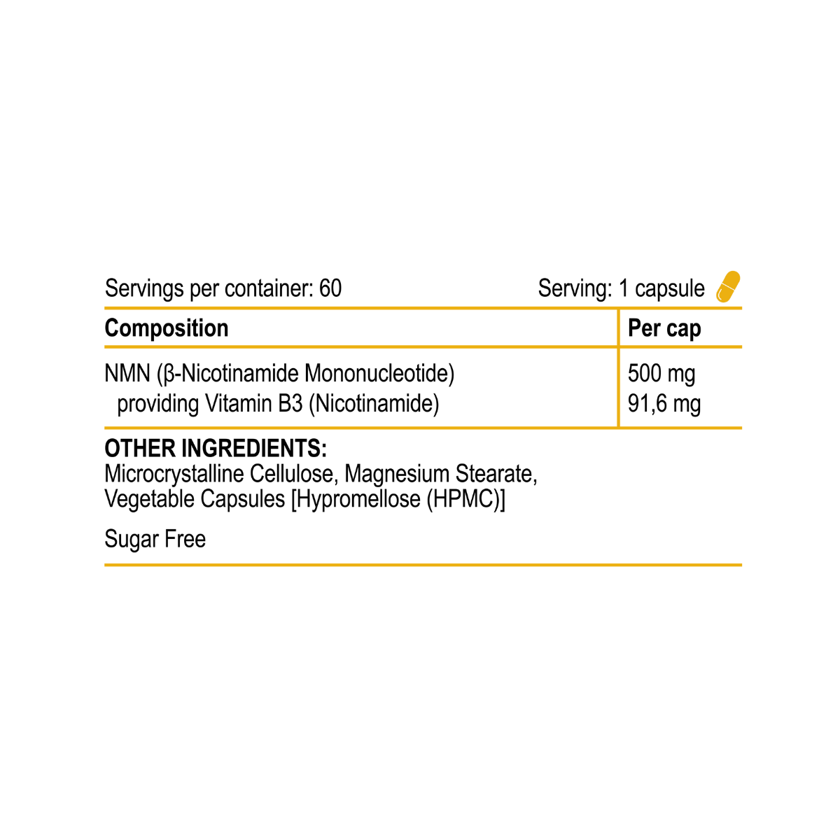 Nutritional label for a supplement with ingredients and serving details.