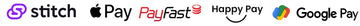 Logos of Stitch, Apple Pay, PayFast, Happy Pay, and Google Pay arranged horizontally.
