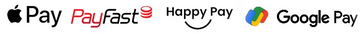 Logos of Apple Pay, PayFast, Happy Pay, and Google Pay arranged horizontally.