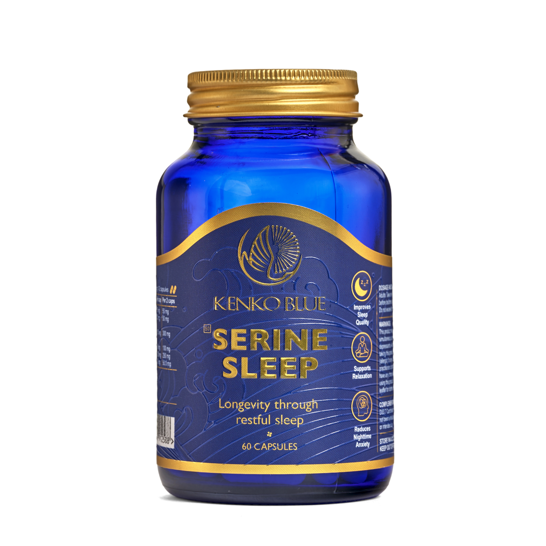 Blue bottle of Kenko Blue Serine Sleep supplement with gold cap and label on a white background