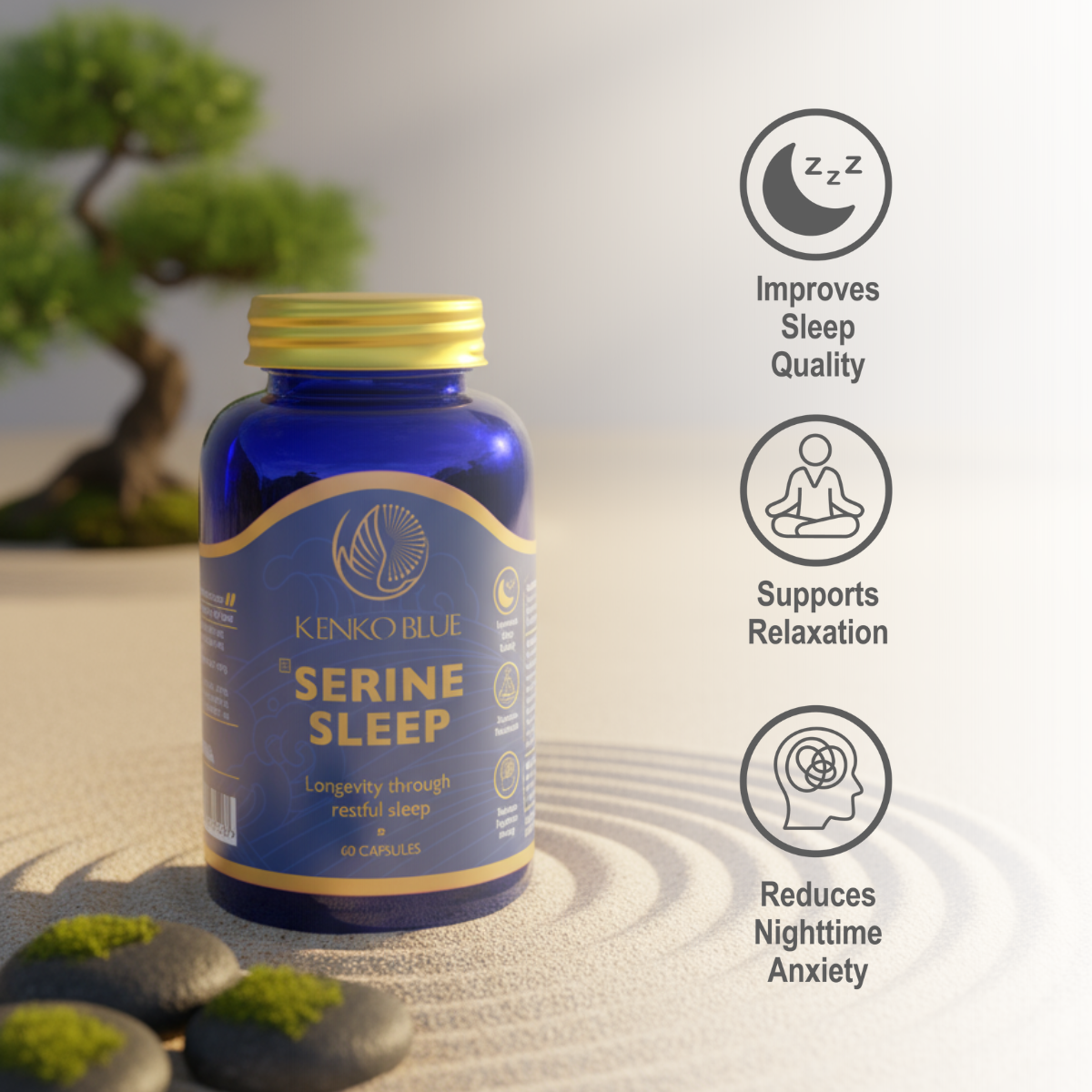 Blue bottle labeled 'Serine Sleep' by Kenko Blue with wellness benefits on a blurred natural background