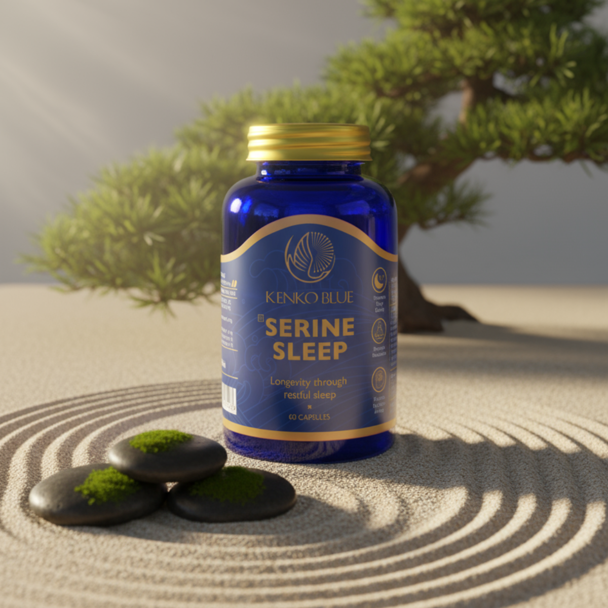 Blue bottle of Kenko Blue Serine Sleep supplement on a textured surface with greenery in the background
