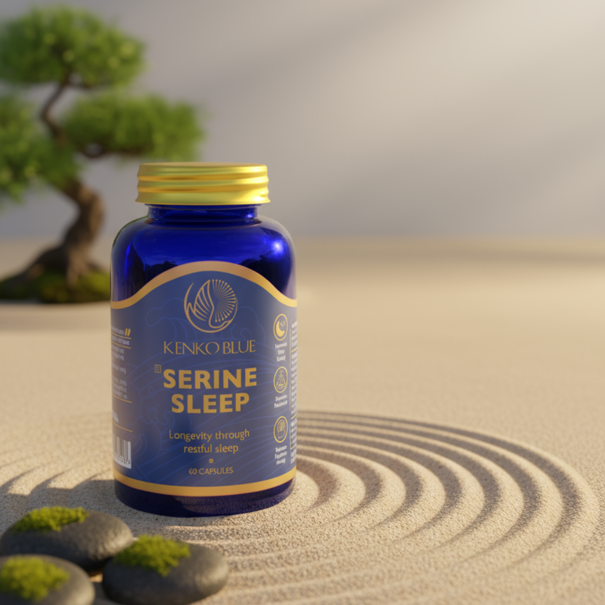 Bottle of Kenko Blue Serine Sleep supplement on a sandy surface with a blurred natural background