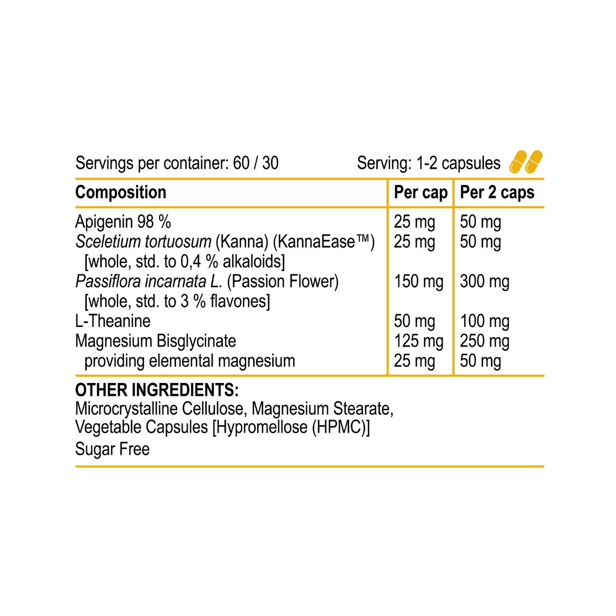 Nutritional supplement label with detailed ingredient list and serving sizes on a white background