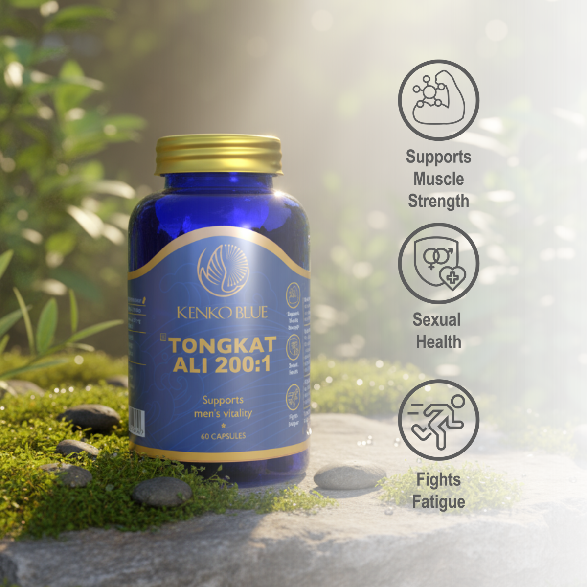 Blue supplement bottle labeled 'Tongkat Ali 200:1' with icons and text on a natural background