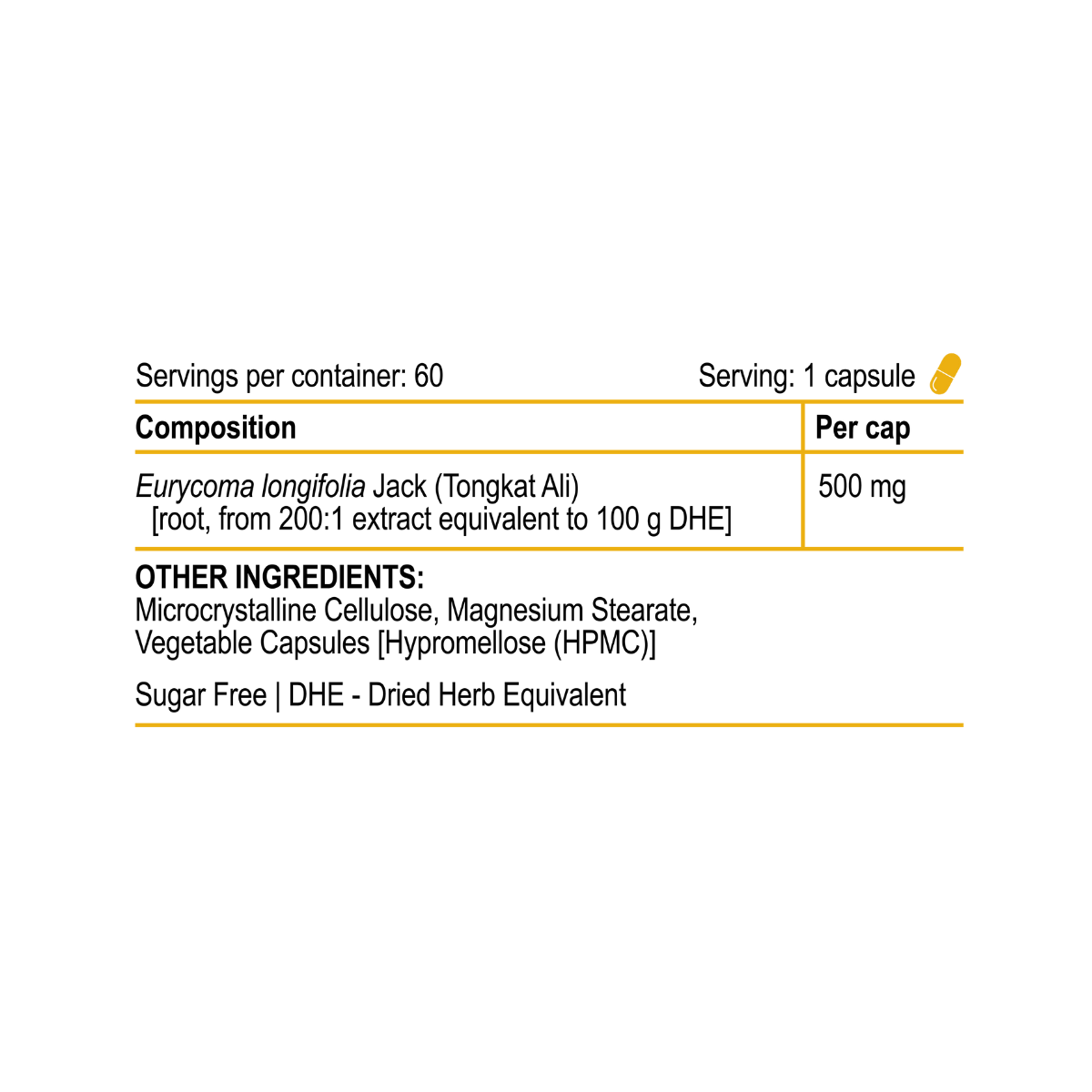 Nutritional label for a supplement containing Eurycoma longifolia Jack with serving size and ingredient details.