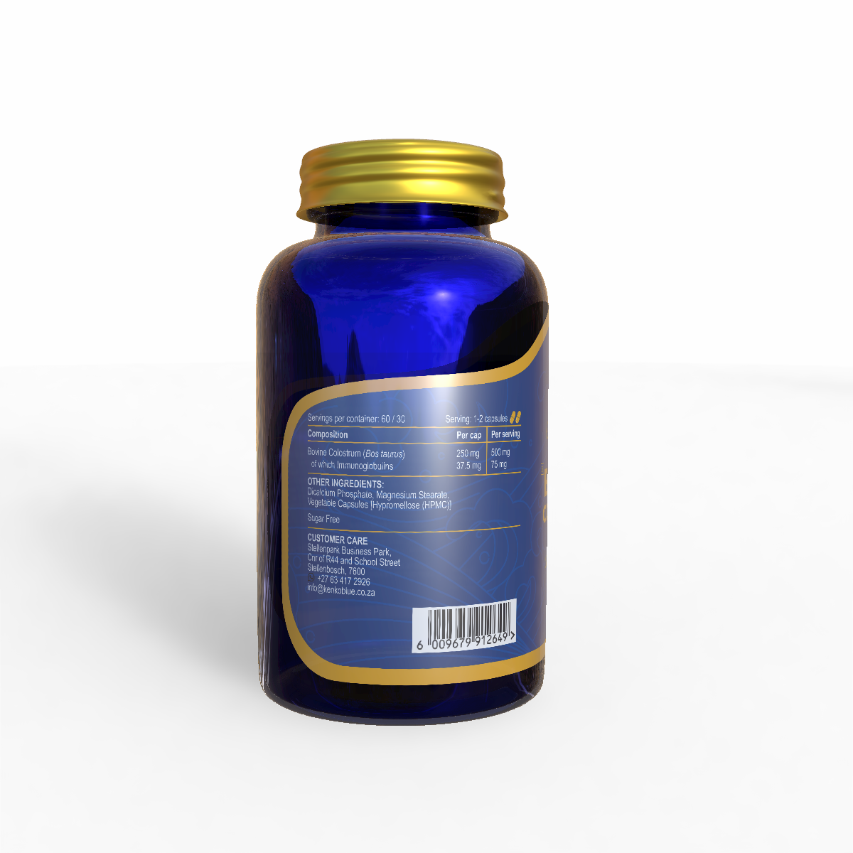 Blue supplement bottle with gold cap on a white background