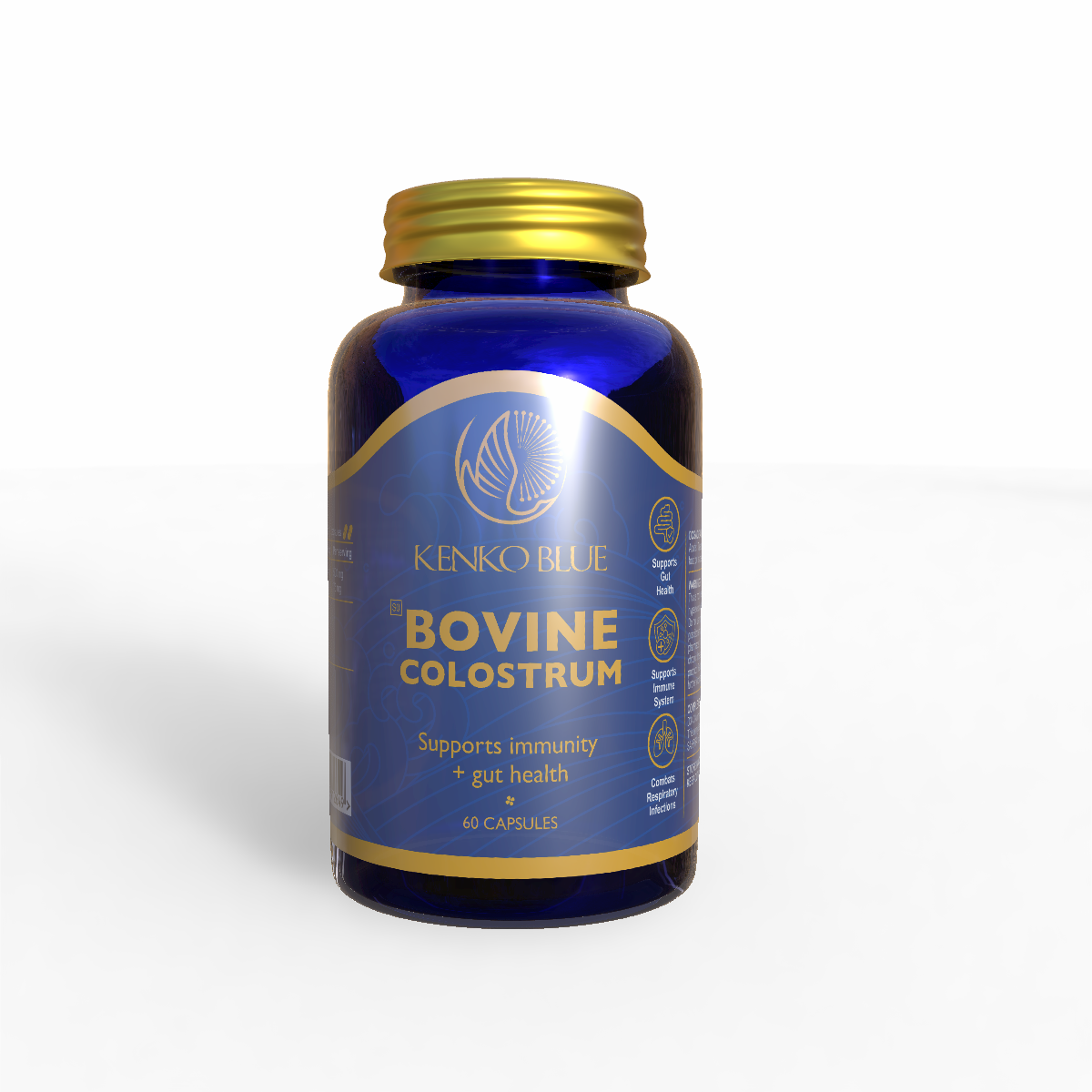 Blue bottle of Kenko Blue Bovine Colostrum on a white background