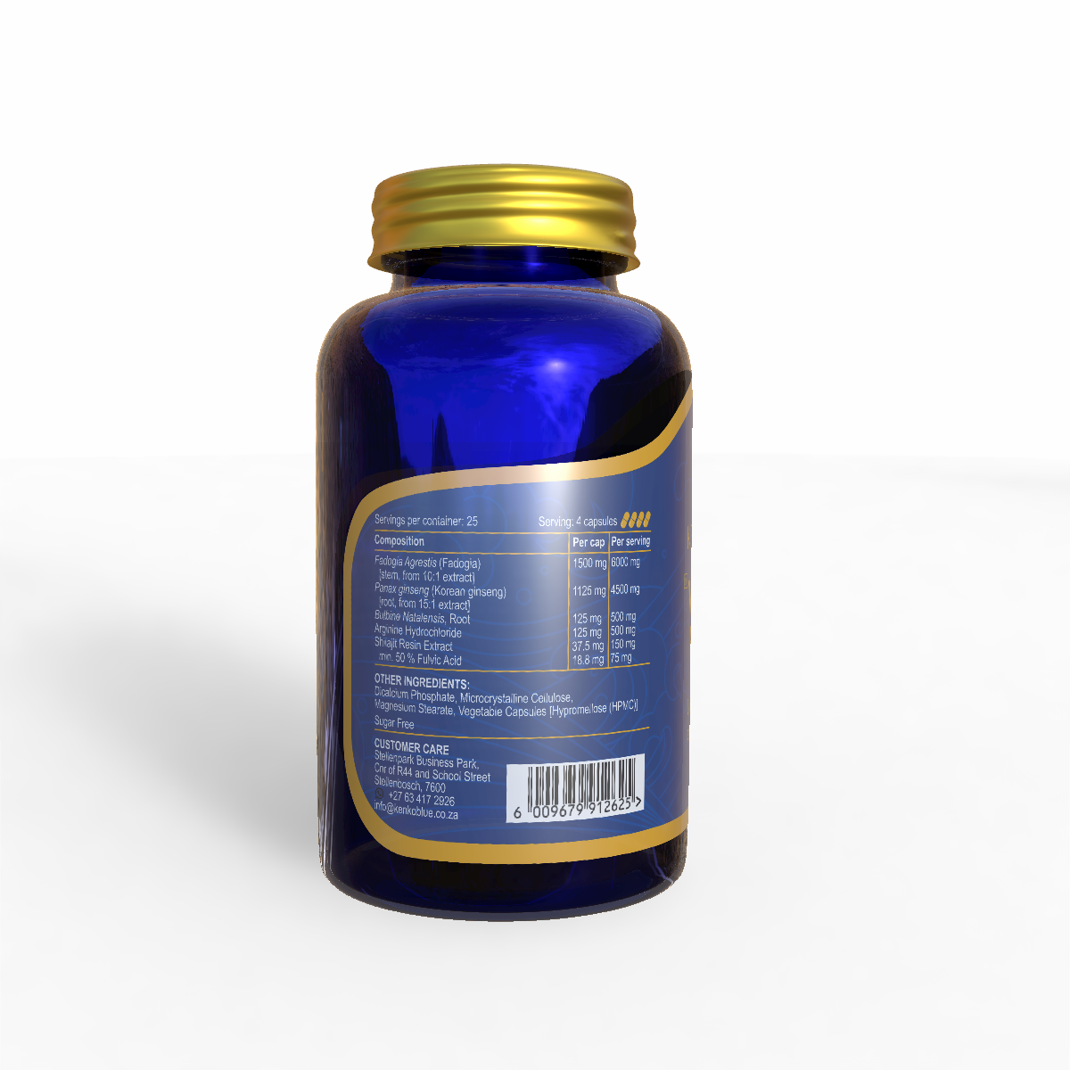 Blue supplement bottle with gold cap on a white background