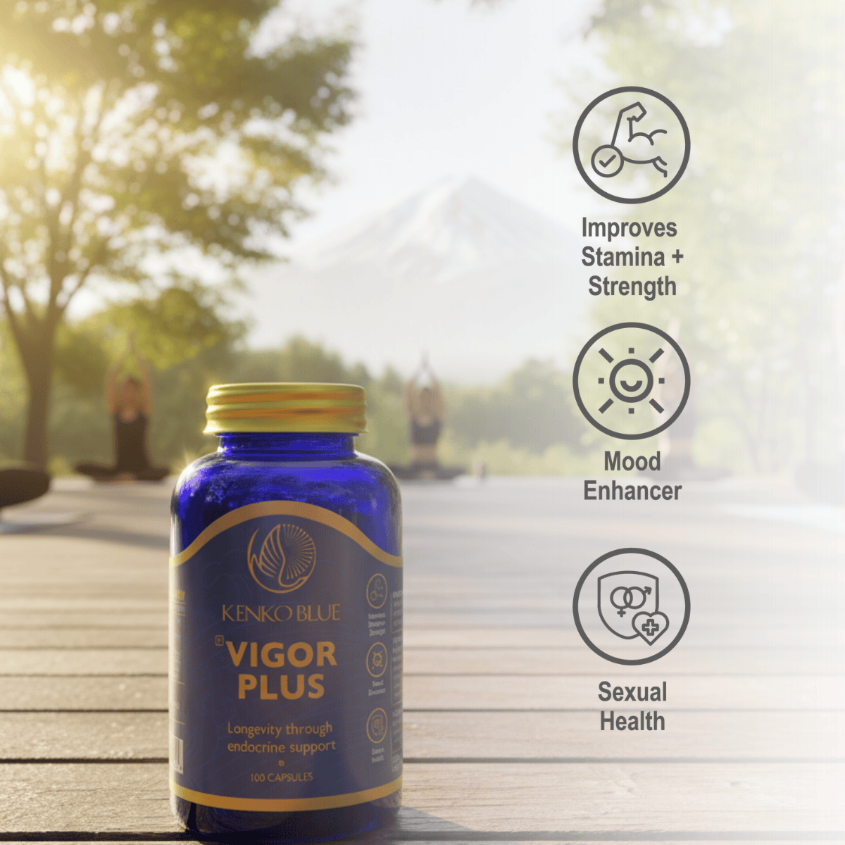 Blue supplement bottle labeled 'Vigor Plus' by Kenko Blue on a wooden surface with a blurred park background.