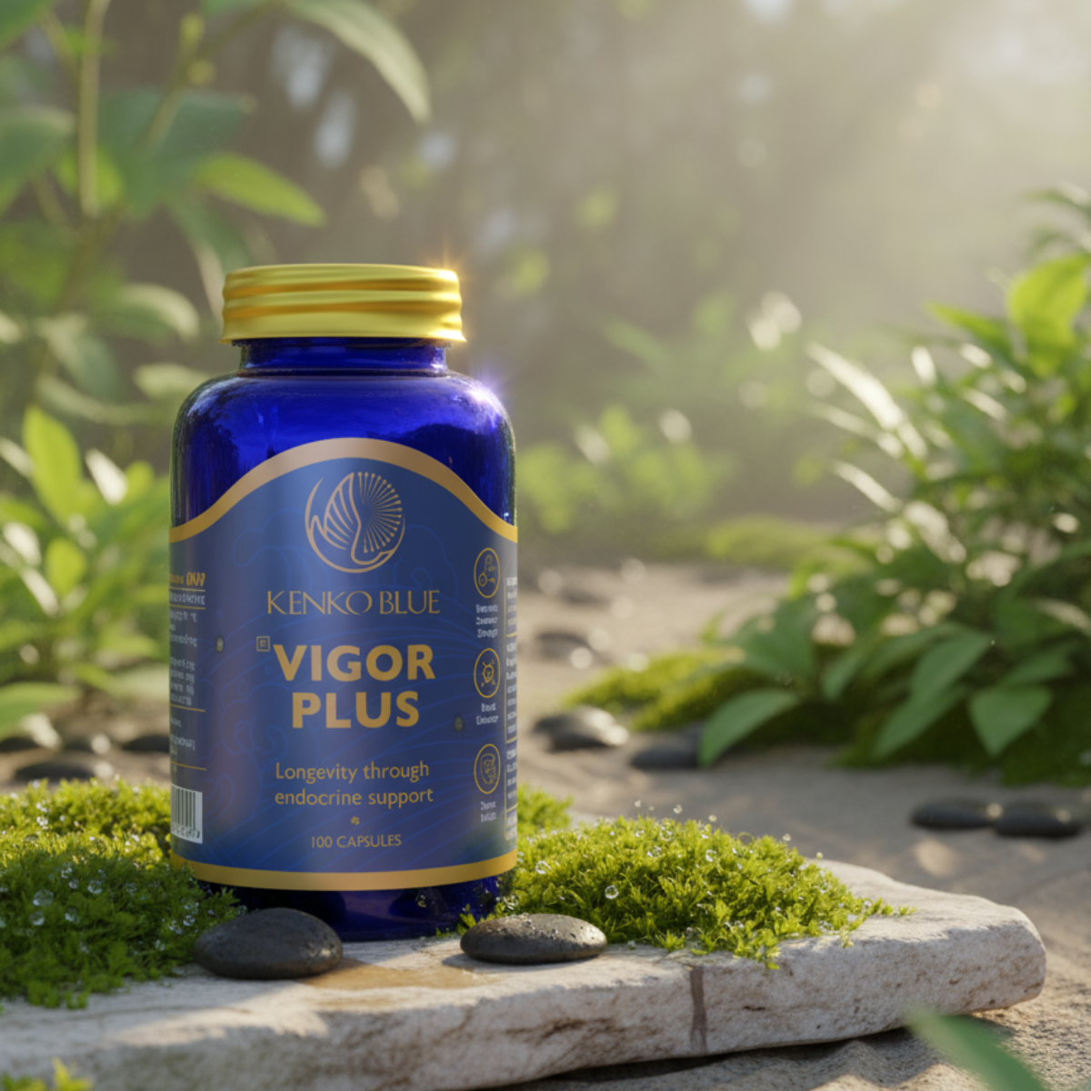 Blue bottle labeled 'Vigor Plus' by Kenko Blue on a natural background with greenery.