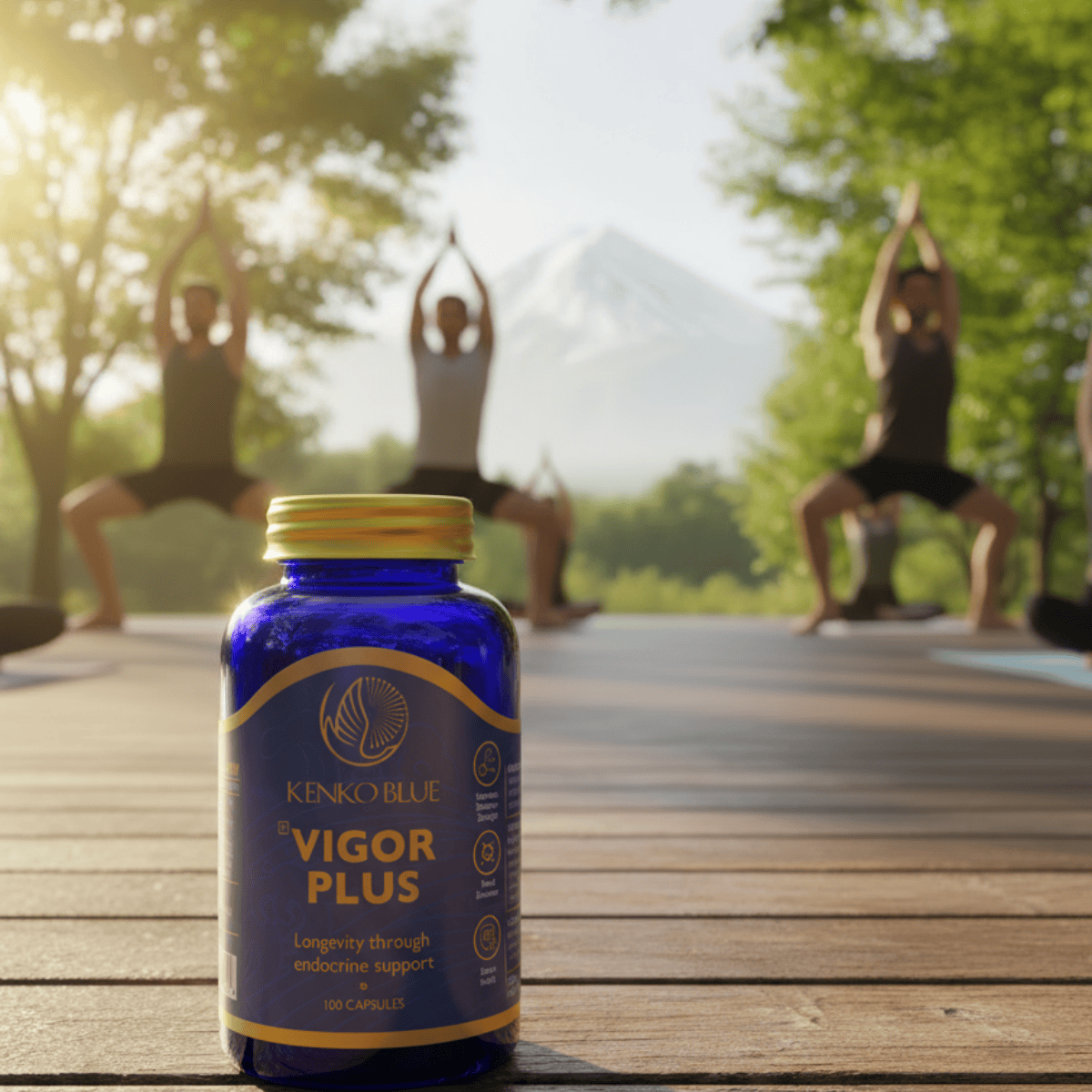 Blue bottle of Kenko Blue Vigor Plus supplement on a wooden surface with people doing yoga in the background.
