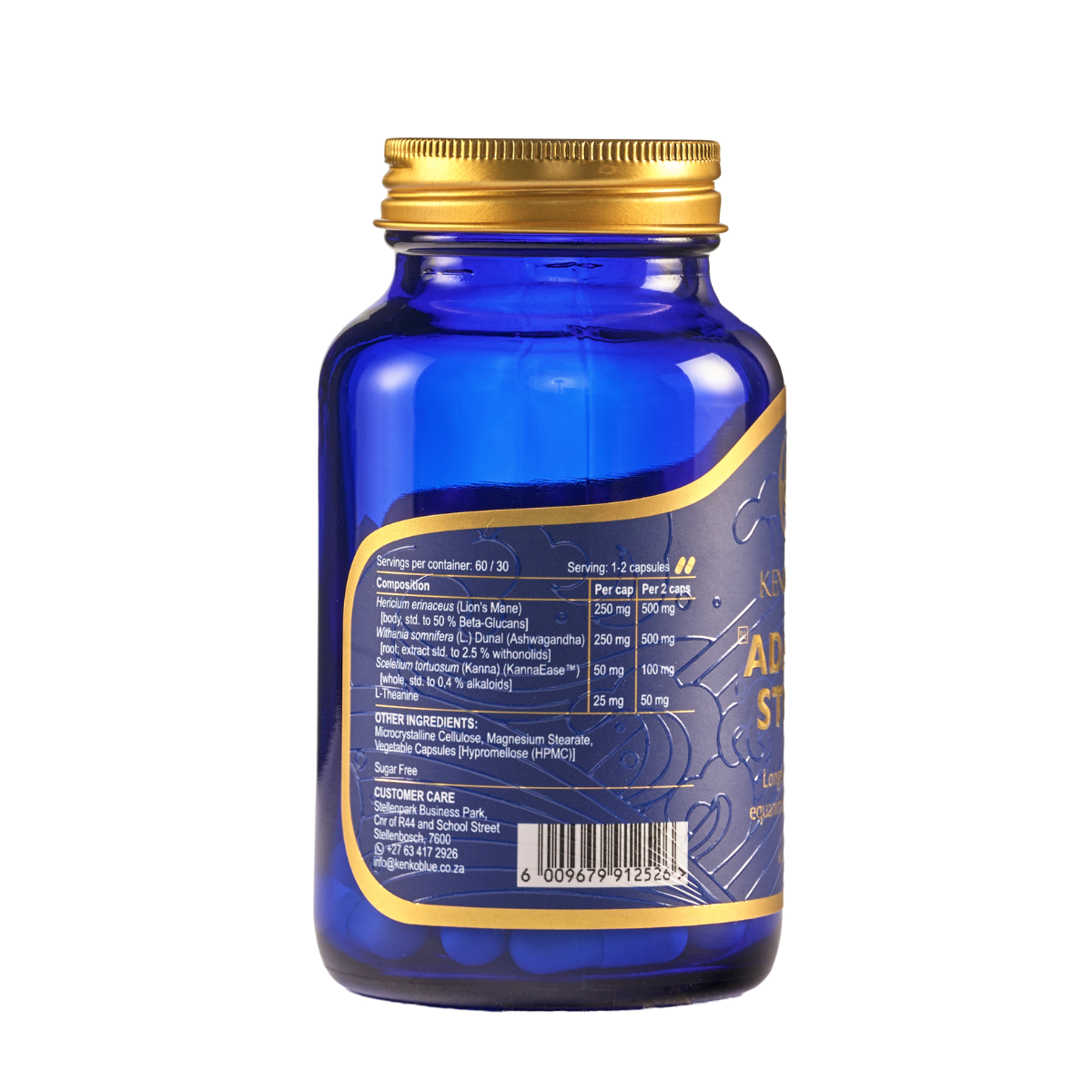 Blue supplement bottle with gold cap on a white background