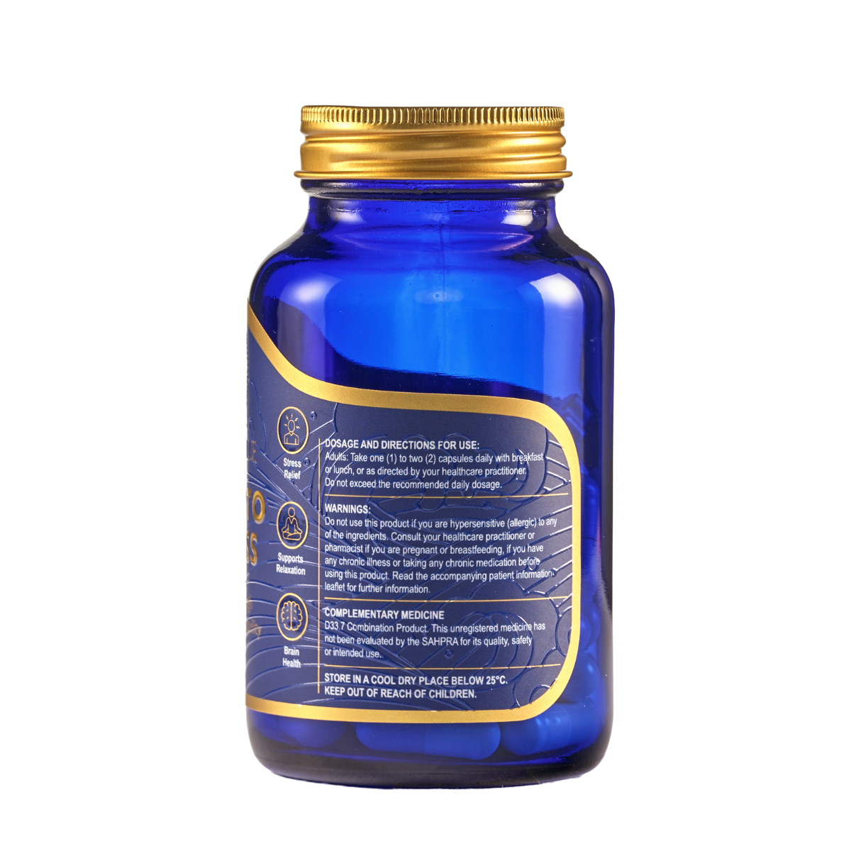 Blue supplement bottle with gold cap and label on a white background