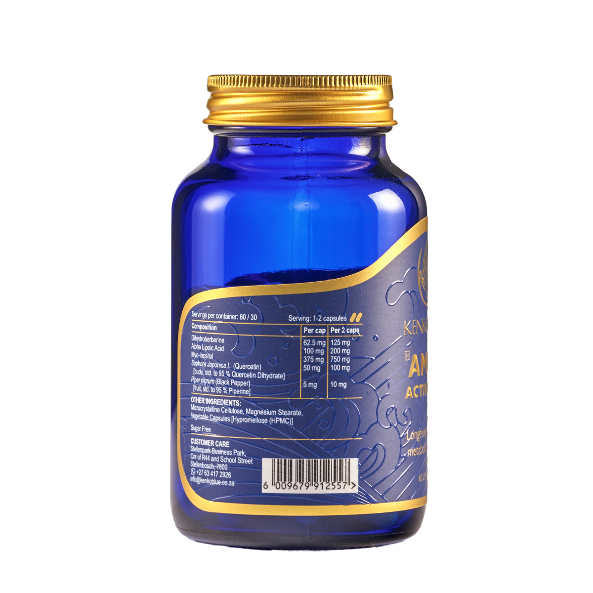 Blue supplement bottle with gold cap on a white background