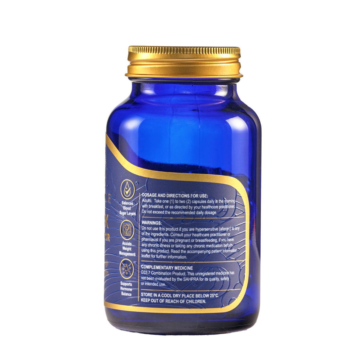 Blue supplement bottle with gold cap on a white background