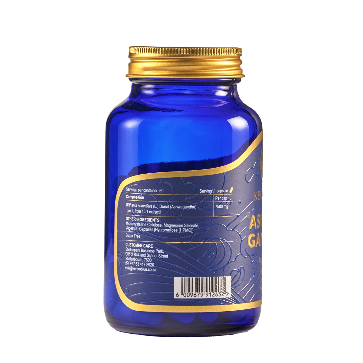 Blue supplement bottle with gold cap on a white background