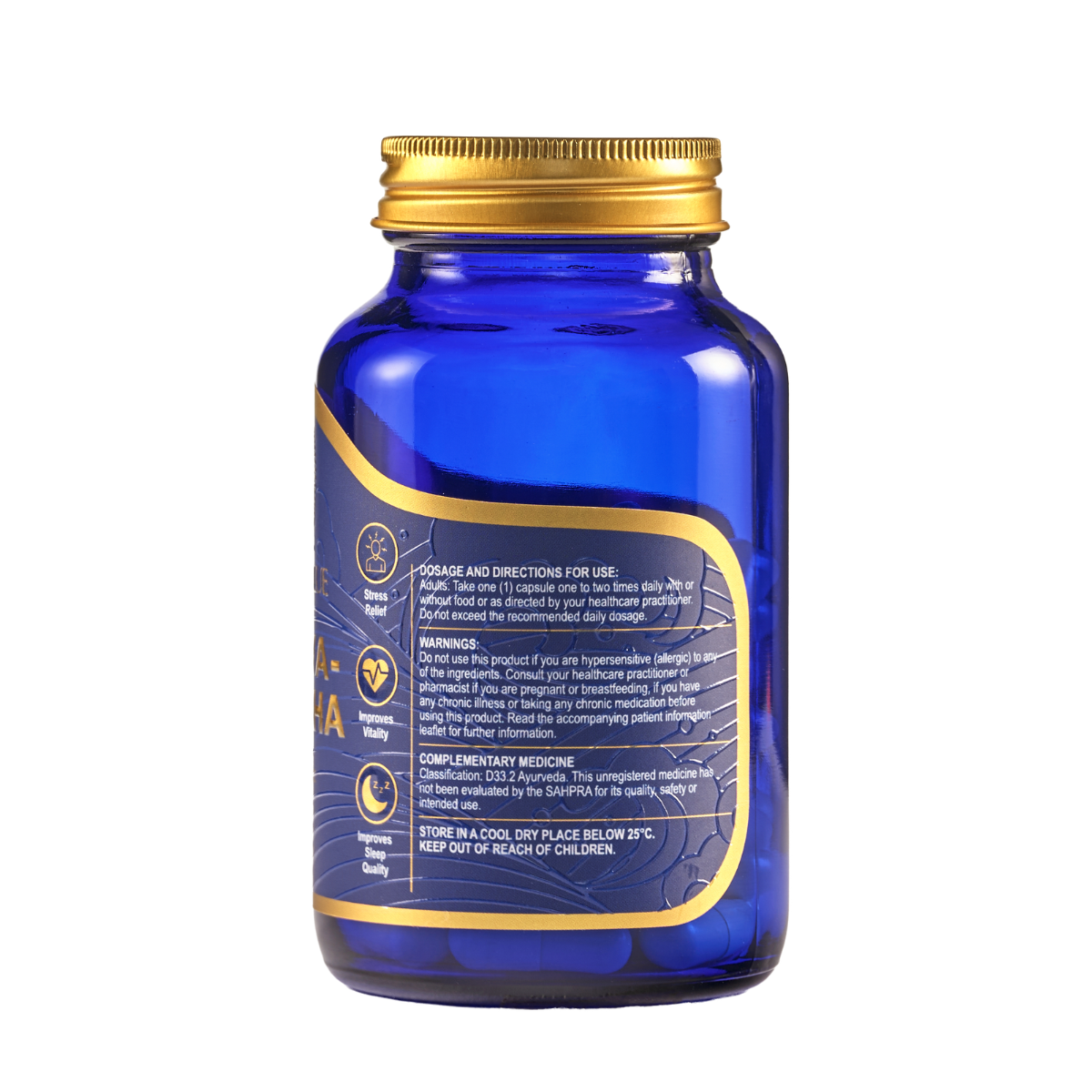 Blue supplement bottle with gold cap on a white background