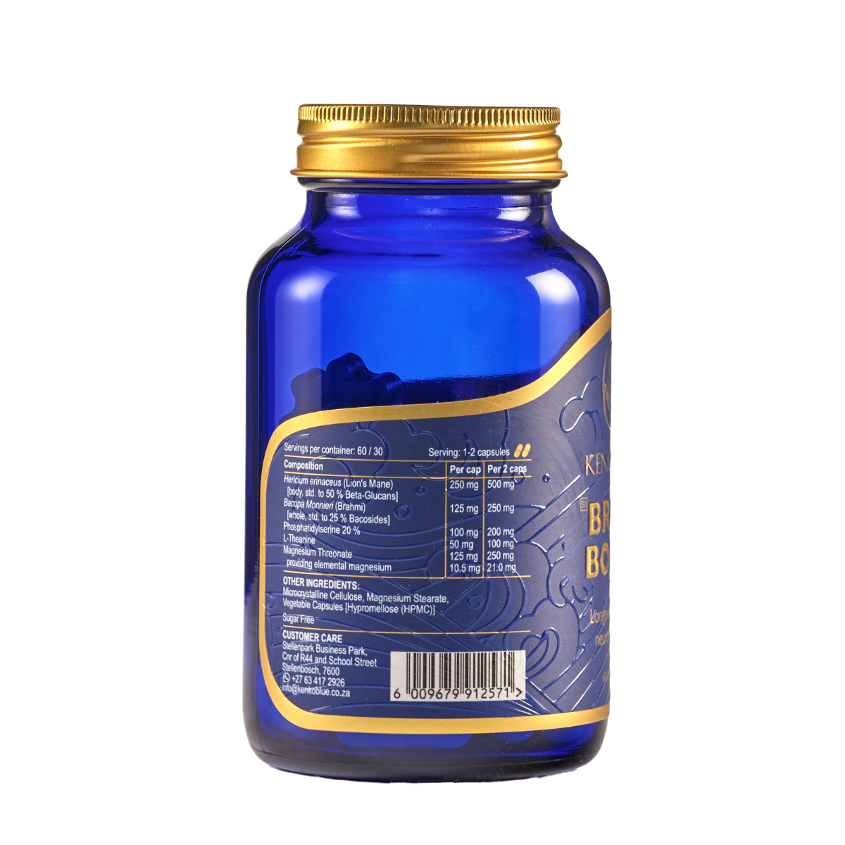 Blue supplement bottle with gold cap on a white background