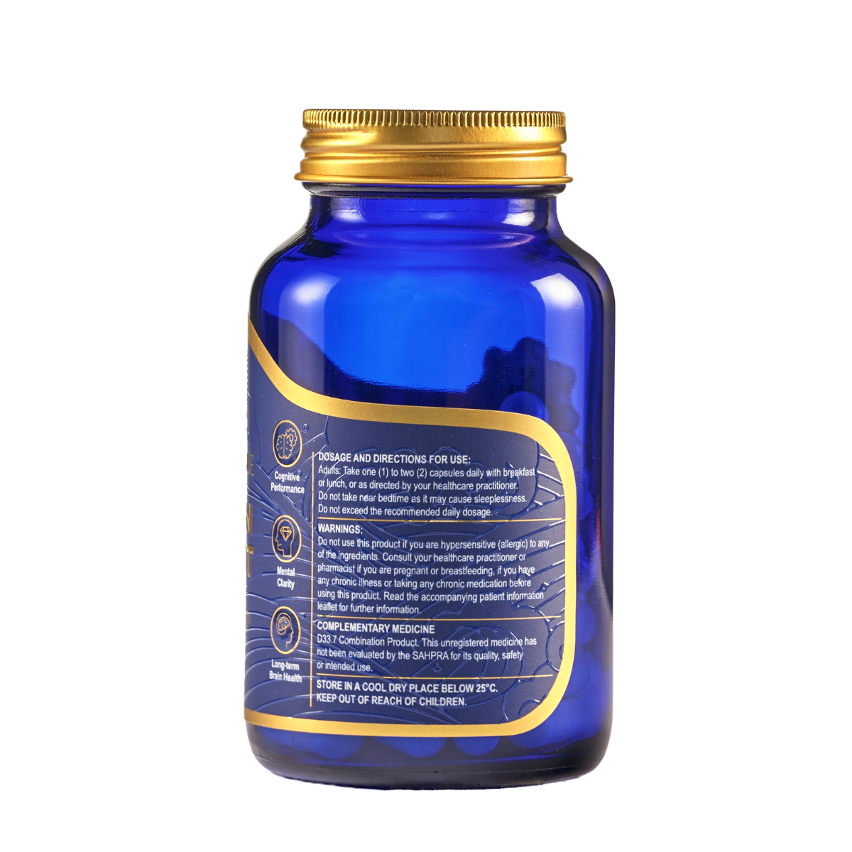 Blue supplement bottle with gold cap on a white background