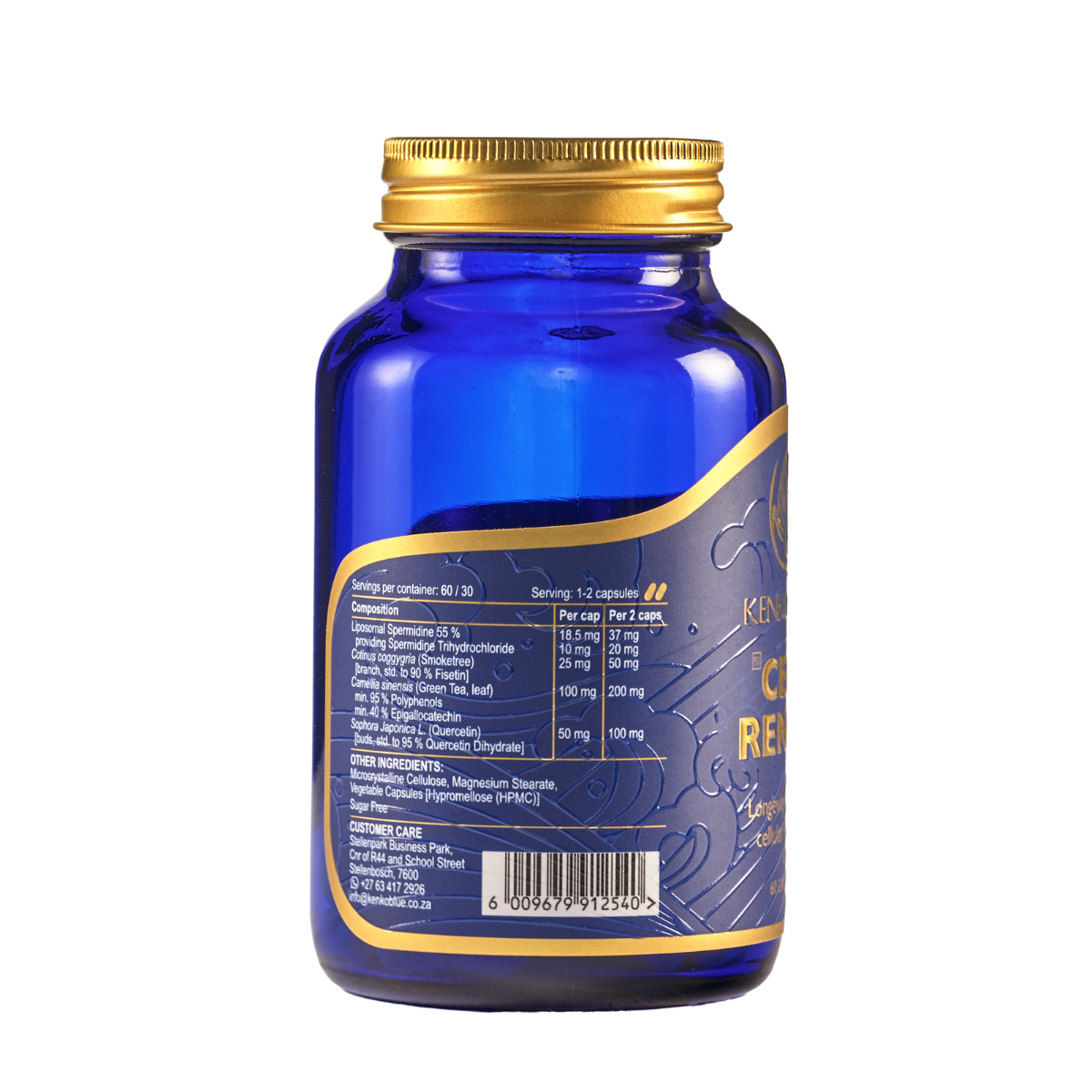 Blue supplement bottle with gold cap on a white background