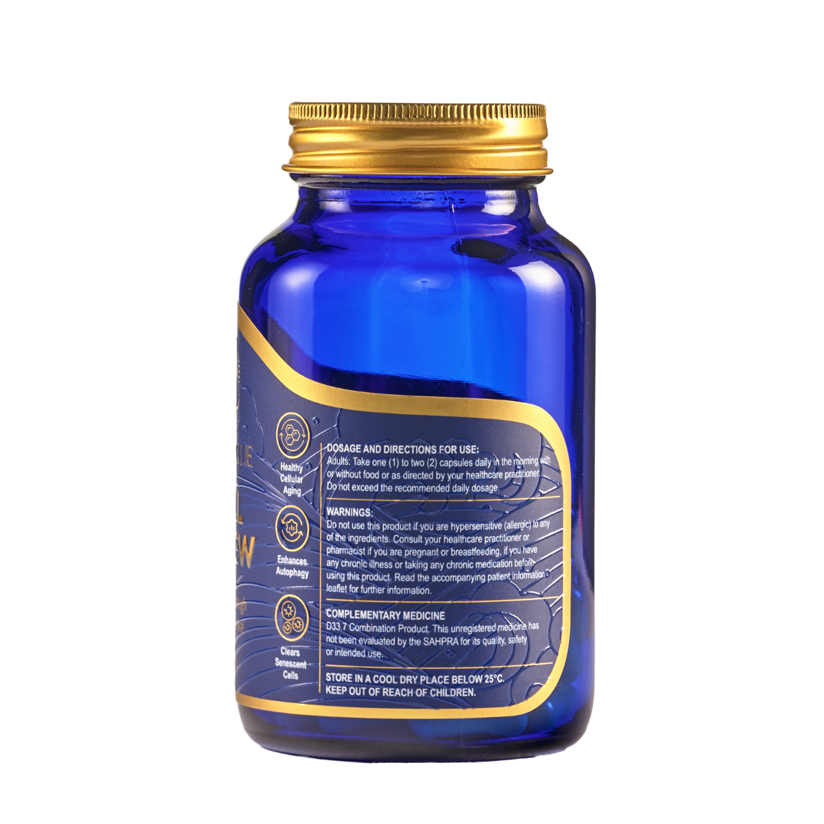 Blue supplement bottle with gold cap and label on a white background