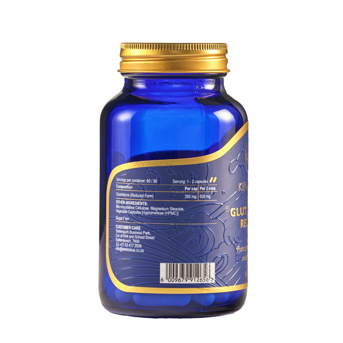 Blue supplement bottle with gold cap on a white background