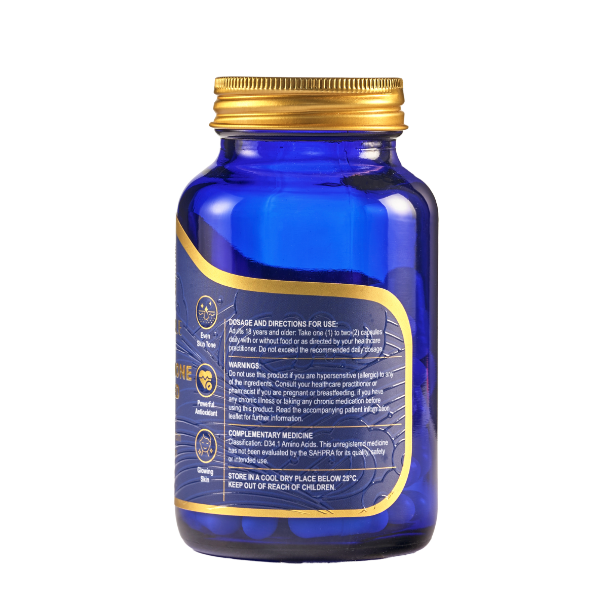 Blue supplement bottle with gold cap on a white background