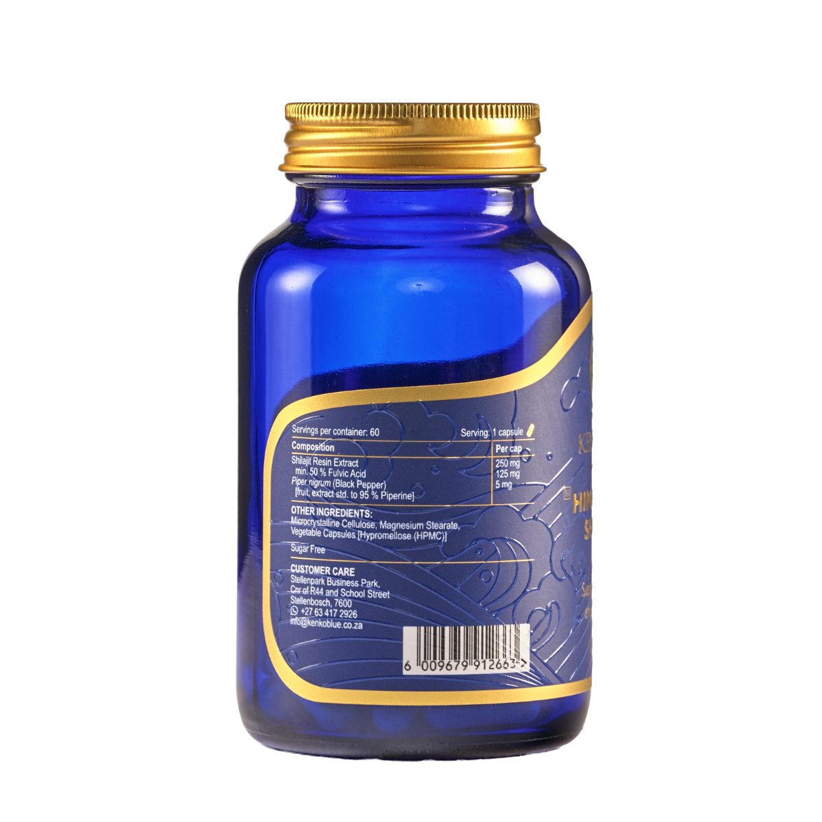 Blue supplement bottle with gold cap on a white background
