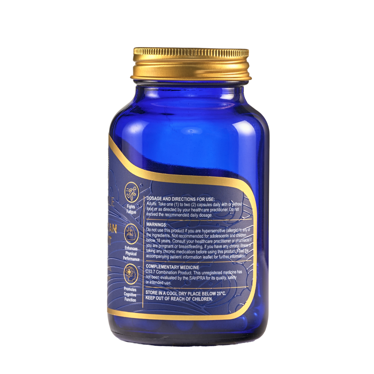 Blue supplement bottle with gold cap and label on a white background