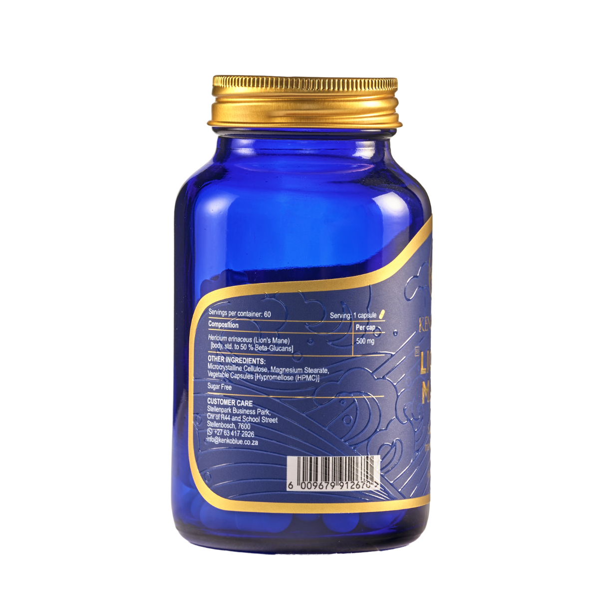 Blue supplement bottle with gold cap on a white background