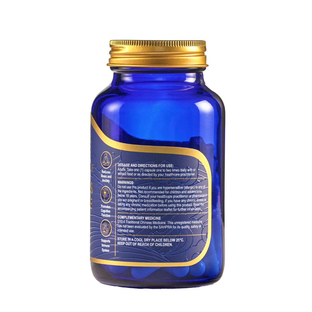 Blue supplement bottle with gold cap and label on a white background