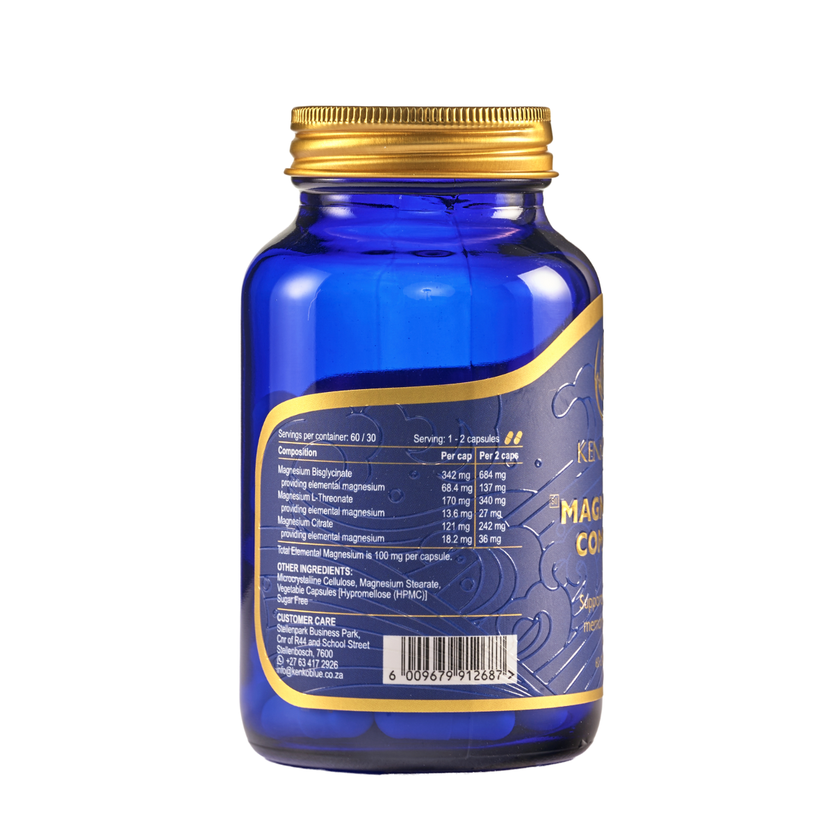 Blue supplement bottle with gold cap on a white background
