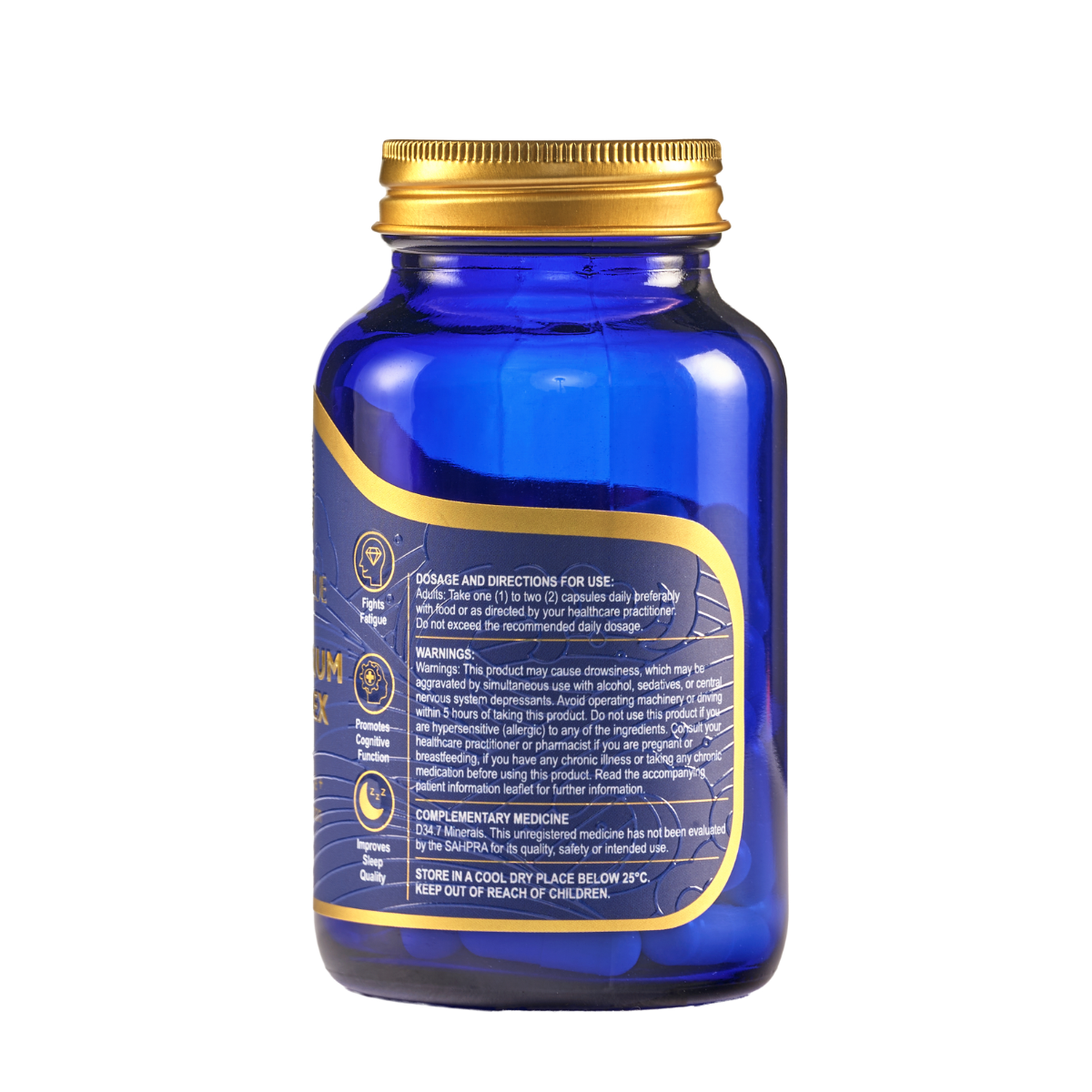 Blue supplement bottle with gold cap on a white background