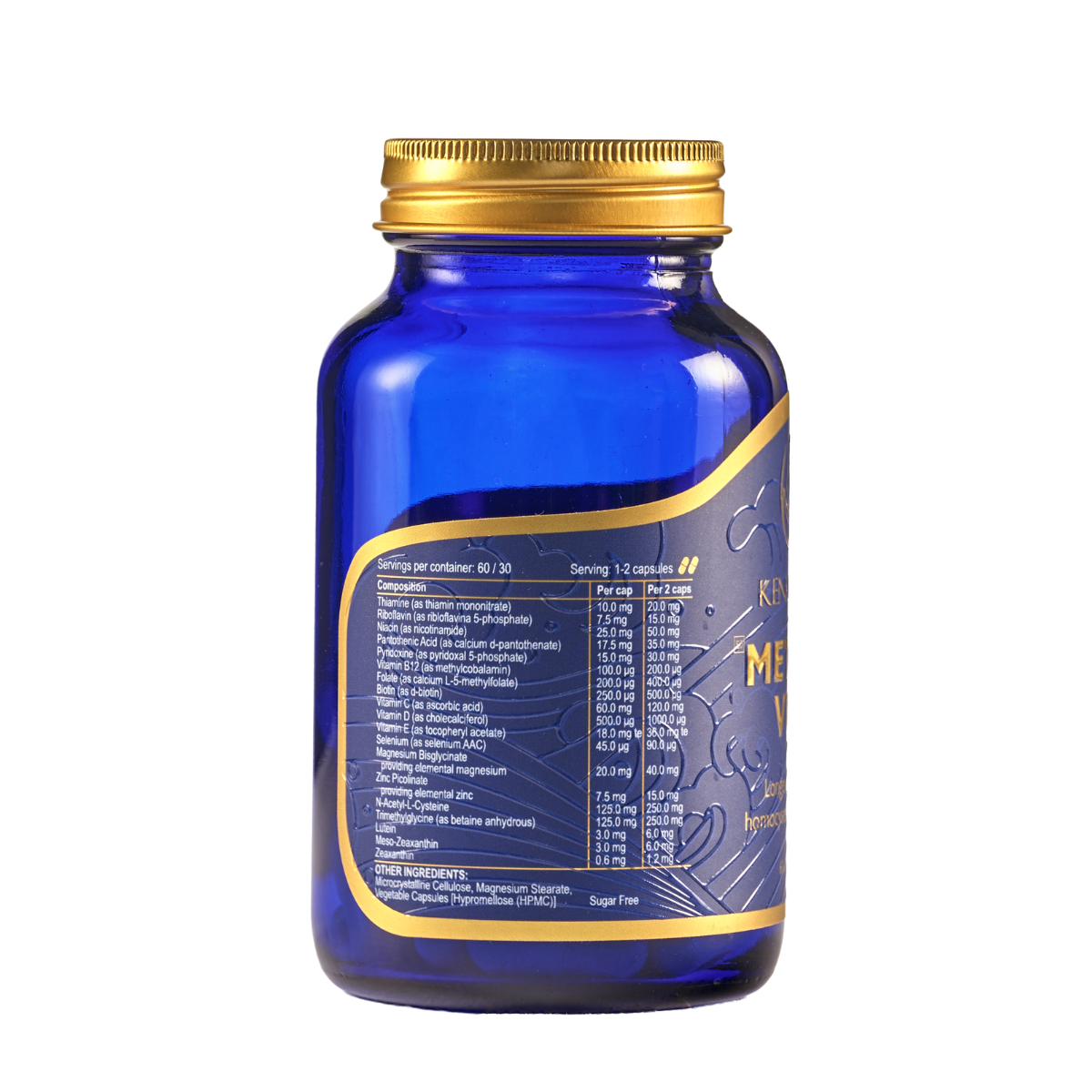Blue supplement bottle with gold cap on a white background