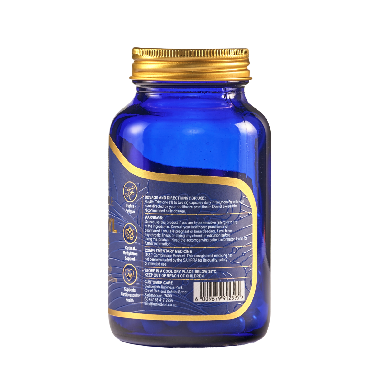 Blue supplement bottle with gold cap on a white background