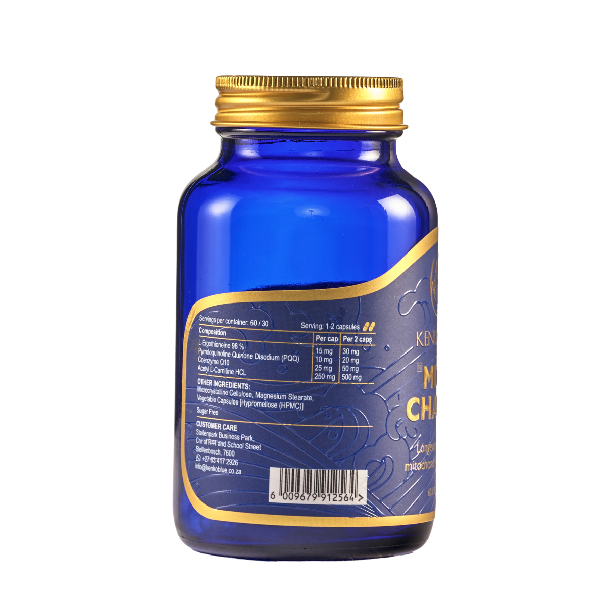 Blue supplement bottle with gold cap on a white background